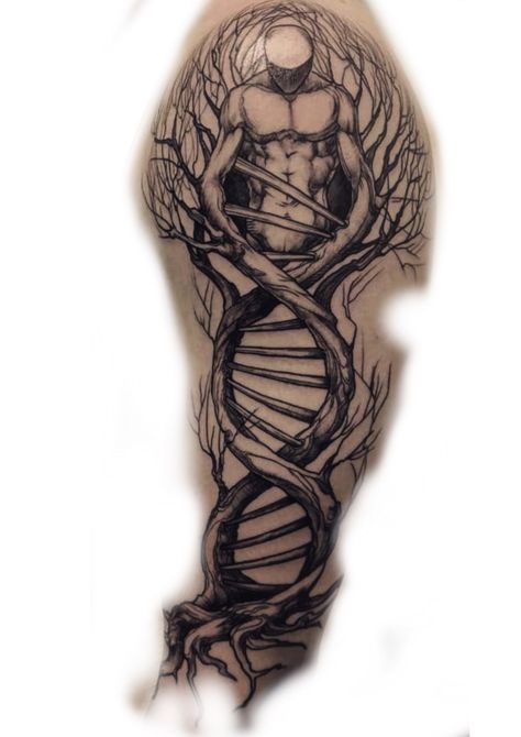 Snake Dna Tattoo, Dna Tattoo Design, Christian Tattoos Men, Half And Full Sleeve Tattoos, Mens Body Tattoos, Leg Sleeve Tattoos, Dna Tree, Botanical Tattoos, Family Tattoos For Men