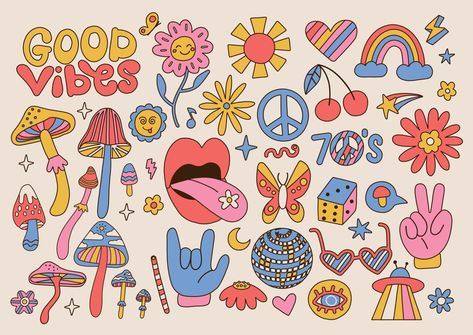 Hippie Symbols, Paz Hippie, 70s Cartoons, Hippie Designs, Dream Symbols, 70s Hippie, Hippie Flowers, Funky Design, Vintage Hippie