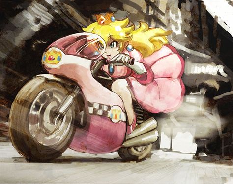 blue_eyes crown hamoto long_hair mach_bike mario_kart motor_vehicle motorcycle nintendo princess_peach speed_lines super_mario_bros. vehicle Princess Peach Fire Flower, Mario Line Art, Princess Peach Motorcycle, Daisy Fanart Mario, Super Mario Daisy Fan Art, Princess Peach On Motorcycle, Princess Peach Go Kart, Princess Peach Mario Kart, Princess Daisy Motorcycle