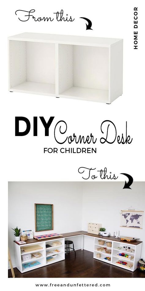 IKEA HACK: Use BESTA frames to create a corner desk that's perfect for a Montessori-inspired homeschool space. Ikea Hack Kids Storage, Corner Desk Kids Bedroom, Kids Desk Hack, Corner Desk Kids Room, Trofast Corner Desk, Ikea Besta Kids Room, Diy Ikea Desk Hack, Ikea Desk Hack Kids, Kids Ikea Bedroom