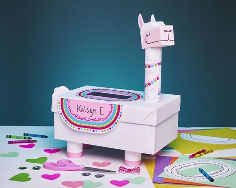 Llama Valentines Boxes, Diy Valentines Box, Kids Valentine Boxes, Valentine Mailbox, Dinosaur Printables, Valentine's Party, Valentine Craft, Pencil Holders, Box Decor