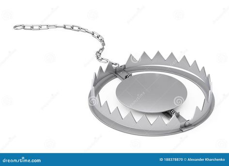 Empty Metal Bear Trap on a white background. 3d Rendering Bear Trap Tattoo Design, Bear Trap Illustration, Bear Trap, Creepy Stuff, Background 3d, 3d Rendering, Screen Savers, Framed Artwork, Stock Illustration