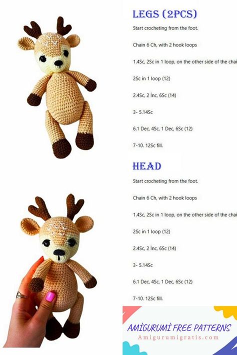 Crochet Deer Amigurumi Free Pattern - Amigurumi Pattern Deer Amigurumi Free Pattern, Deer Amigurumi, Crochet Zebra, Sc Crochet, Doll Amigurumi Free Pattern, Crochet Deer, Crochet Toys Free, Deer Pattern, Crochet Animal Patterns