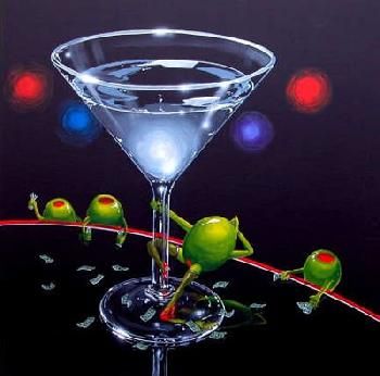 "Dirty Martini" by Michael Godard Godard Art, Michael Godard, Jim Warren, Martini Olives, Black Canvas Art, Duck Art, Cocktail Art, Dirty Martini, Scuba Diver