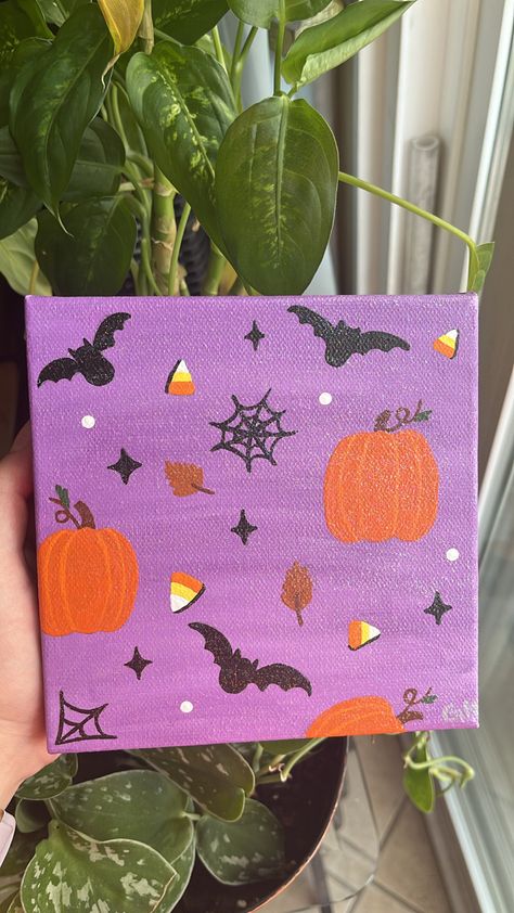 Hand Painted Canvas with halloween pattern Halloween Painting Easy Step By Step, Pumpkin Painting Easy Canvas, Spookify Paintings, Witch Painting Ideas On Canvas, Easy Canvas Halloween Painting, Pastel Halloween Painting, Easy Painting Ideas Halloween, Fall Painting Ideas Easy Simple, Pics To Paint On Canvas