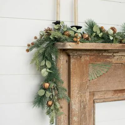 SPARKLING SAGE & PINE | Shop Sales Events Antique Farmhouse Mantel With Garland, Mantel Candles, Pine And Eucalyptus, Star Centerpieces, Cabin Gifts, Decorative Garland, Pinecone Garland, Ornament Garland, Eucalyptus Garland