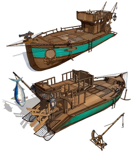 Fish boat, sun chan Hwang on ArtStation at https://www.artstation.com/artwork/BV05r Boat Concept Art, Freetime Activities, 3d Karakter, Pirate Boats, Navi A Vela, Boat Drawing, Props Concept, Old Sailing Ships, Fantasy Props