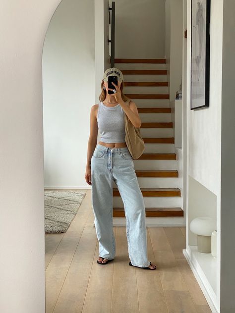 Shop Ribbed Cropped Sleeveless Bra Top and other curated products on LTK, the easiest way to shop everything from your favorite creators. August Outfits, Blue Jean Outfits, Black White Outfit, Jeans Outfit Summer, Causual Outfits, Minimal Style, Basic Outfits, Minimal Fashion, Outfits Casuales