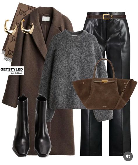 Formal Winter Work Outfits, Black And Caramel Outfit, Winter Office Looks, Cocoa Outfit, Winter Style 2024, Dark Brown Coat Outfit, Chic Comfy Outfits, Black Brown Outfit, Beige And Black Outfit