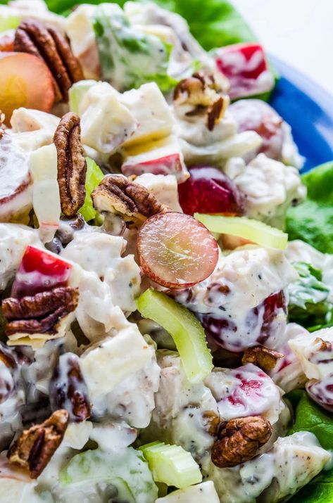 Waldorf Chicken Salad Recipe, Chicken Waldorf Salad, Waldorf Chicken Salad, Waldorf Salad Recipe, Refreshing Salads, Luncheon Menu, Gf Dinner, Marinated Cucumbers, American Foods