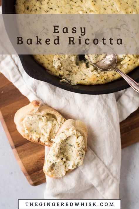 Baked ricotta is a simple and delicious appetizer that the whole family will enjoy. Creamy ricotta is combined with parmesan, lemon zest, garlic and thyme and baked until bubbly. Serve with your favorite bread or crackers. Simple Ricotta Recipes, Ricotta Recipes Appetizers, Baked Ricotta Recipes, Uses For Ricotta Cheese, Riccota Cheese Recipe Easy, Ricotta Snacks, Leftover Ricotta Cheese Recipes, Riccota Cheese Recipes, Ricotta Cheese Recipes Dessert