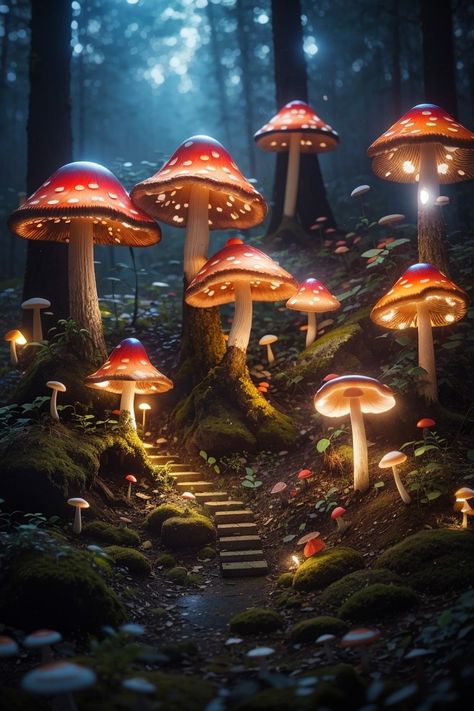 Glowing Mushroom Forest, Creative Garden Ideas, Fae Aesthetic, Glowing Mushrooms, Shadow Plants, Mushroom Wallpaper, Secret Forest, Mushroom Forest, Forest Light