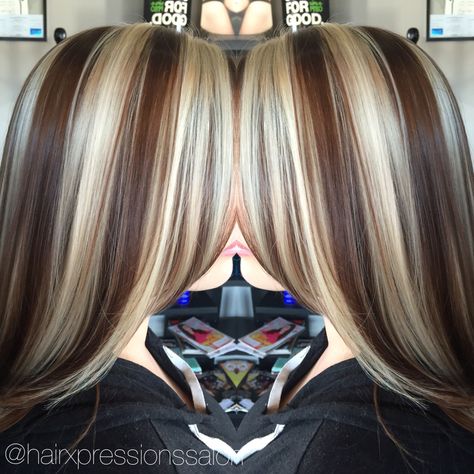 @hairxpressionssalonlv chunky highlights/golden brown base! Vertical Slice Highlights, Choppy Highlights, Chunky Lowlights For Blondes, Slicing Highlights, Hair With Chunky Highlights, Brown Hair With Chunky Highlights, Brown Hair With Chunky Blonde Highlights, Sliced Highlights, Brown Highlights On Blonde Hair