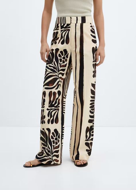 Printed cotton trousers - Women | Mango United Kingdom Cotton Trousers Women, Jeans Custom, Cotton Pants Women, Square Pants, Cotton Linen Pants, Linen Loungewear, Mango Outlet, Cotton Trousers, Straight Trousers