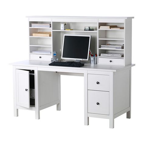 $459 (299+160 Desk/hutch add on) HEMNES Desk with add-on unit IKEA Adjustable middle shelf is easy to adjust to make room for a computer monitor or to create extra storage. Ikea Hemnes Desk Ideas, Ikea Hemnes Desk, Hemnes Desk, Radna Soba, Ikea Office Furniture, Girls Loft Bed, Desk Organisation, Ikea Office, Home Office Library