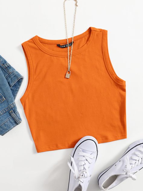 Orange Shirts Aesthetic, Orange Tank Top Outfit Summer, Orange Crop Top Outfit Summer, Orange Tops For Women, Crop Top Naranja, Orange Top Outfit Summer, Cute Crop Tops For Teens, Orange Tank Top Outfit, Orange Crop Tops