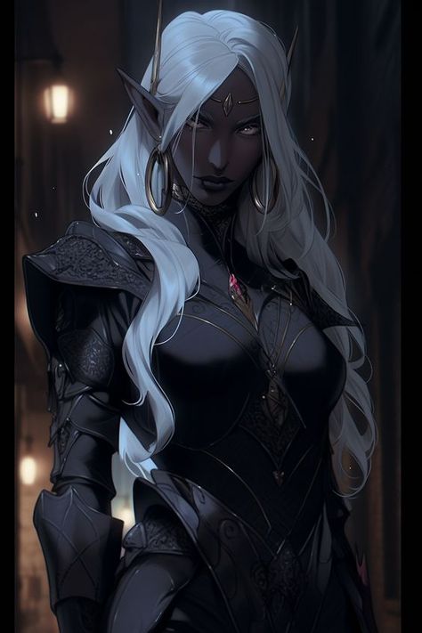 Female Drow Barbarian, Dark Dnd Characters, Dark Elf Female Character Design, Dark Elf Sorceress, Drow Paladin Female, Drow Woman Art, Drow Elf Female Character Design, Female Drow Art, Female Drow Dnd