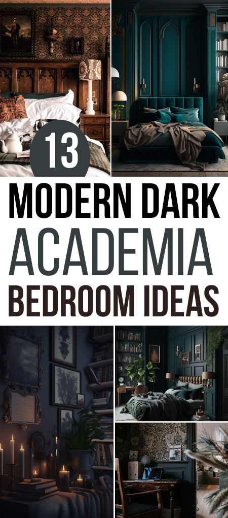 Modern Dark Academia Bedroom, Modern Dark Academia, Dark Academia Bedroom Ideas, Dark Academia Bedroom, Dark Academia Interior, Dark Cozy Bedroom, Moody Bedroom Ideas, Academia Bedroom, Double Bed Designs