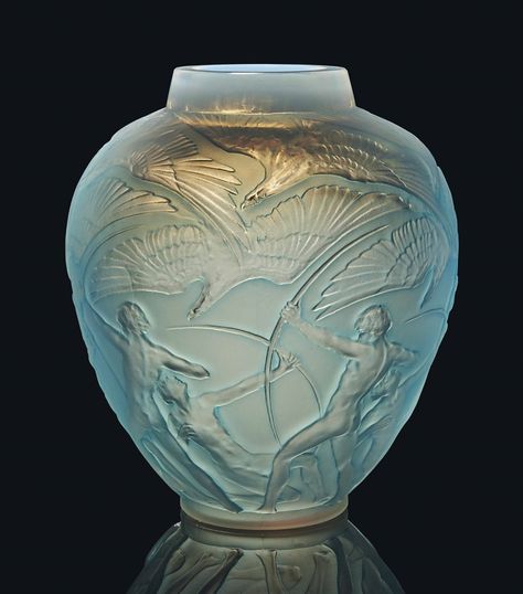 An Archers Vase, No. 893 designed 1921, cased opalescent and blue stained 10 ¾ in. (27.4 cm.) high engraved R. Lalique France No. 893 Lalique Jewelry, Rene Lalique, Lalique Crystal, Antique Perfume Bottles, Antique Perfume, Creative Stuff, Vintage Bottles, Deco Art, Gorgeous Glass