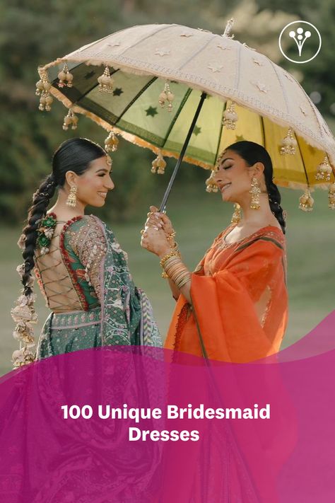 Why wear regular coordinated outfits that the conventional bridesmaids pick when you can do more! Here are 100 of the trending unique bridesmaid dresses for inspiration. Haldi Dress For Bridesmaid, Festive Bridesmaid Choli With Dupatta, Indian Fusion Wedding Bridesmaids, Multishade Bridesmaid Dresses, Bride With Bridesmaids Pictures Indian, Bride And Bridesmaid Pictures Indian, Classy Bridesmaid Dresses, Maid Of Honor's Outfit, Engagement Looks