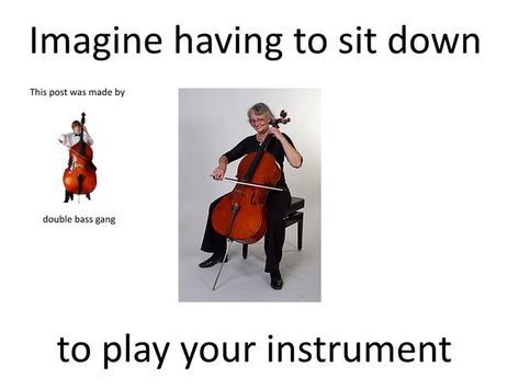 I am a bass player and my friend is a chello player. In orcestra at school I mack her by sitting down and playing my bass. I didn't make this but it was pretty relateble. Bass Memes, Orchestra Humor, Musician Memes, Double Bass Player, Music Terms, Cello Sheet Music, Musician Humor, Band Jokes, Music Jokes