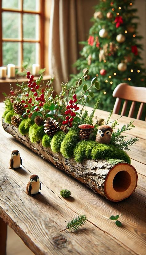 Small Logs Ideas, Woodland Forest Centerpieces, Log Christmas Centerpiece, Natural Woodland Christmas Decorations, Cozy Christmas Centerpiece, Diy Yule Log Centerpiece, Christmas Moss Decor, Woodland Theme Christmas Table, Forest Christmas Table Decor