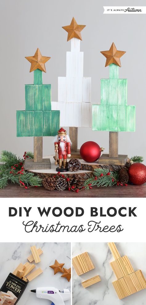 Cute Jenga block Christmas tree! Easy Christmas craft for adults. Dollar Tree Jenga Block Christmas Tree, Mini Jenga Block Christmas Tree, Dollar Store Jenga Ornaments, Christmas Trees Made From Jenga Blocks, Christmas Tree Made From Jenga Blocks, Christmas Crafts Jenga Blocks, Diy Jenga Blocks Ideas Christmas, Dollar Store Jenga Block Crafts Christmas, Jenga Block Fall Crafts