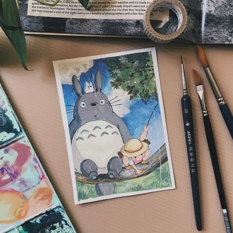 Totoro Gouache, Disney Drawings Sketches, Simple Canvas Paintings, Gouache Art, Studio Ghibli Art, Ghibli Art, Gouache Painting, Disney Drawings, Canvas Paintings