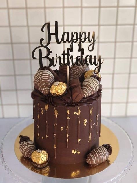 Happy Birthday 🎉cake 🎂 Chocolate And Gold Cake Decoration, Birthday Cakes With Chocolate Covered Strawberries, Chocolate Cake Ferrero Rocher, Birthday Cake With Chocolate Strawberry, Ferrero Rocher Birthday Cake, Girly Chocolate Cake, Chocolate Layer Cake Decoration, Ferror Rocher Cake, Chocolate Theme Cake