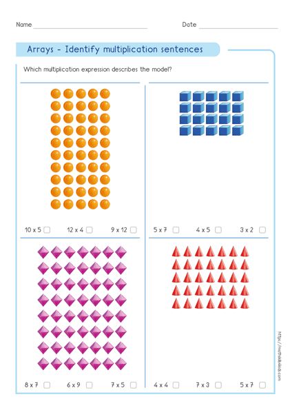 Identify Multiplication Expressions Using Arrays, Arrays To Show Multiplication Concepts is an inspirational way for your kid's to directly visualize, count first column and first row, then confidently tell the correct multiplication expression that describes the model. Repeated Addition Worksheets, Array Worksheets, Rows And Columns, Repeated Addition, Teaching Multiplication, Mathematics Worksheets, Teaching Literature, Addition Worksheets, Times Tables