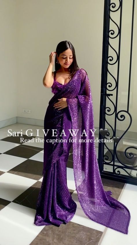 Birthday Saree, Dark Purple Saree, Purple Sari, Cultural Outfits, Farewell Saree, Farewell Sarees, Purple Saree, Net Blouses, Fancy Sarees Party Wear