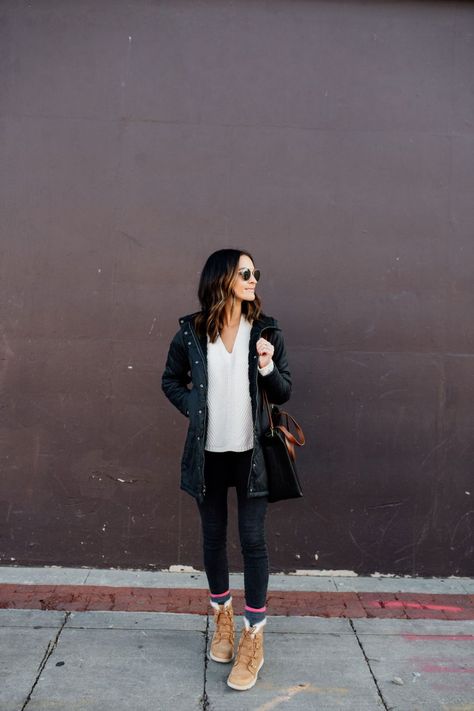 winter + layering essentials - Lauren Kay Sims Sorel Explorer Joan Boot Outfit, Sorel Explorer Joan Boot, Layering Essentials, Lauren Kay Sims, Sorel Explorer, Long Hooded Jacket, Sorel Joan, Stuart Weitzman Boots, Cute Coats