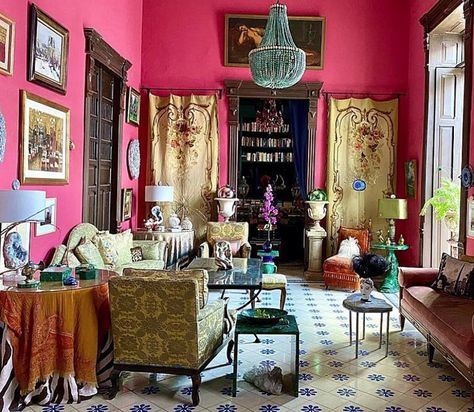 Marjorie Skouras’s home, Casa Pistache in Merida,on the Yucatàn peninsula, Mexico Maximalism Decor, Maximalist Interior Design, Eclectic Maximalism, Maximalist Interior, Maximalist Home, Hollywood Homes, Cottage Interior, Victorian Cottage, Maximalist Decor