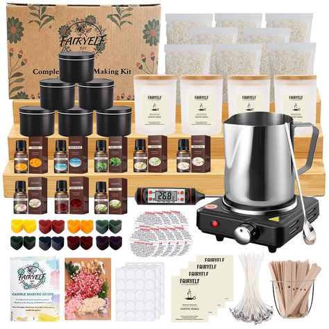 PRICES MAY VARY. 🌟 Premium Candle Making Kit - A complete candle making kit for all maker levels, It contains everything you need to make homemade scented candles: wax melter, melting pot, 6 colored candle tin, 4 covered glass jar, 8 packs Soy wax, 8 Pleasant Scents, thermometer, stirring spoon, 16 dye blocks, 20 candle wicks, 20 stickers, 6 wick center devices, beautiful candle labels. 🪐 Super Easy to Make - Traditionally candle making requires a certain level of skill and experience, which c Wax Melter Diy, Candle Making Kits, Diy Candle Making Kit, Candle Wicks, Homemade Scented Candles, Wax Melter, Candle Crafts Diy, Creative Candles, Coloured Candles