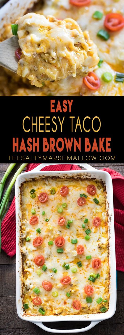 Cheesy taco hash brown casserole is the perfect easy weeknight dinner. Cheesy hash brown casserole with taco flavor! Recipes With Hashbrowns Dinners, Dinner With Hashbrowns, Cheesy Hash Brown Casserole, Salty Marshmallow, Hashbrown Casserole Recipe, Cheesy Hashbrown Casserole, Marshmallow Recipes, Cheesy Hashbrowns, Hashbrown Casserole