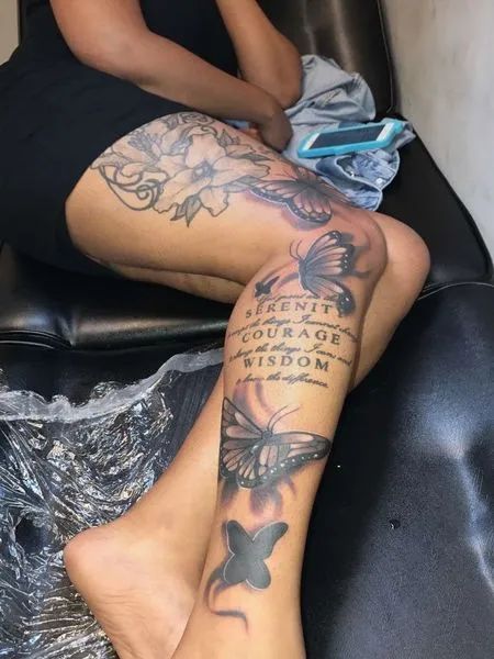 Side Leg Tattoo Flower Leg Tattoos, Small Girly Tattoos, Full Leg Tattoos, Leg Tattoos Women, Dope Tattoos For Women, Butterfly Tattoos, Stylist Tattoos, Thigh Tattoos Women, Cute Tattoos For Women