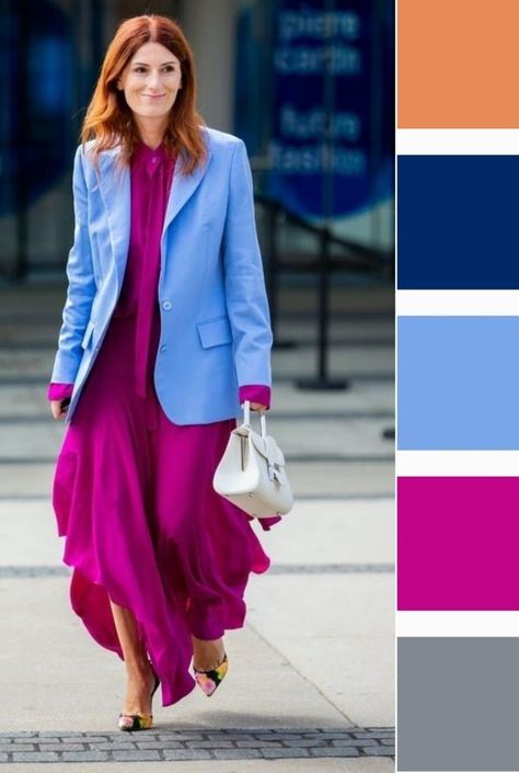 Fuschia Skirt Outfit Ideas, Blue And Fuschia Outfit, Magenta Color Combinations Outfit, Magenta Skirt Outfit, Fuschia Color Combinations, Fuchsia Color Combination, Maroon Branding, Magenta Outfits, Fuschia Skirt