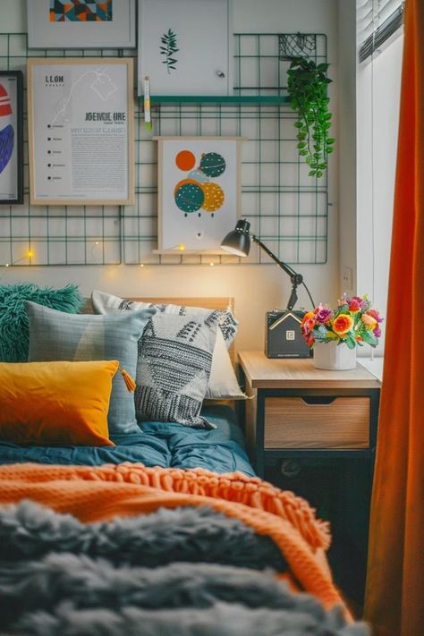 Bold and Bright Dorm Decor Ideas for a Vibrant Space Colorful Dorm Room Ideas, Colorful Dorm Room, Dorm Decor Ideas, Dorm Inspiration, College Room, Concept Board, Online Interior Design, Smart Storage, Space Saving Furniture