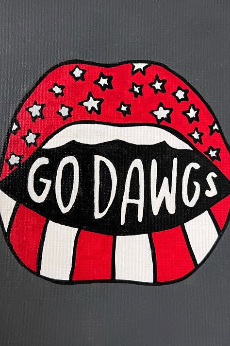 Cutest hand-painted canvas to decorate your college dorm or apartment at the University of Georgia! #art #college #collegeapartment #apartment #apartmentdecor #decor #trendydecor #sorority #uga #bulldogs #dawgs #dorm #dormdecor #preppy #preppypaintings #ugaart #ugagameday Uga Painting, Georgia Art, Mouth Painting, Lips Painting, Uga Bulldogs, Go Dawgs, Roommate Gifts, Art College, Circle Painting