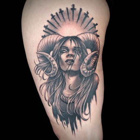 Black & Gray Realism Tattoo by Christian Buckingham Aries Realistic Tattoo, Demon Girl Tattoo, Skin Doodles, Ink Master Tattoos, Photo Realism Tattoo, Black Skull Tattoo, Flash Ideas, Hannya Mask, Traditional Style Tattoo