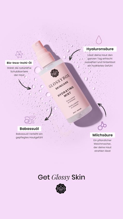 GLOSSYBOX Skincare Hydrating Mist Skincare Poster Design, Product Marketing Design, Skincare Newsletter, Skincare Advertising, Mist Skincare, Skincare Infographic, Skincare Poster, Product Design Ideas, Skincare Design