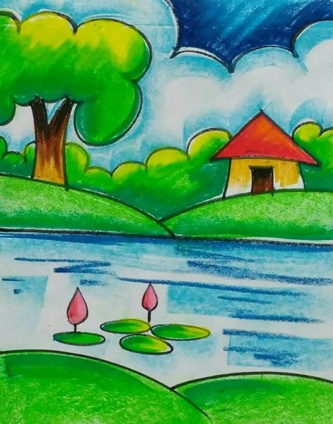 Nature Drawing For Kids Easy, Kids Scenery Drawing, Oil Pastel Drawings For Kids, Oil Pastel Drawing For Kids, Easy Scenery Drawing For Kids, Scenery For Kids, Nature Drawing For Kids, Drawing Pictures For Kids, Scenery Drawing For Kids