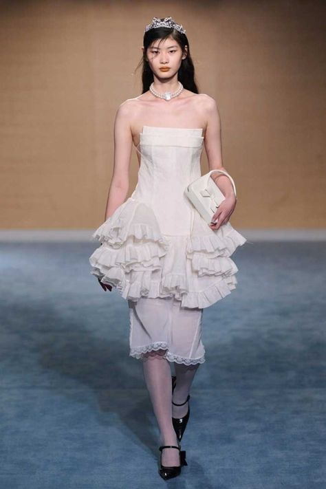 Fashion's Favorite Wedding Dresses | Hypebae Chanel Wedding Dress, Floral Satin Dress, Shushu Tong, Shanghai Fashion Week, Shanghai Fashion, Delicate Lingerie, Emerging Designers Fashion, Sheer Sweater, Vera Wang Dress