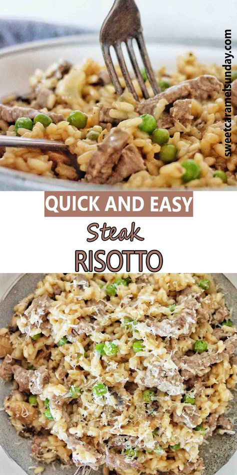 Fork being pushed into risotto in grey bowl. There is text written between 2 images. Beef And Risotto, Steak And Mushroom Risotto, Beef Steak And Rice Recipes, Risotto Recipes Beef, Steak And Risotto Recipes, Steak Risotto Recipes, Leftover Beef Tenderloin Recipes Meals, Beef Risotto Recipes, Steak And Risotto