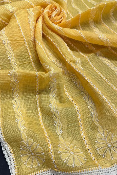 Pure Kota Doria Dupatta with Hand Chikankari & crochet lace Chikankari Dupatta, Chikankari Embroidery, Crochet Work, Cotton Dupatta, Rajasthan India, Work It, Beautiful Lights, Crochet Lace, Breathable Fabric