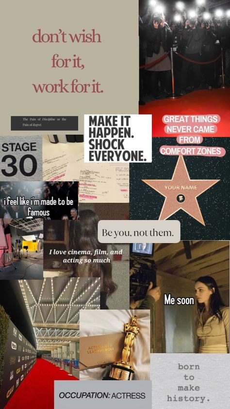 acting vision board ! #acting #actress #manifestingreality #quotes Vision Board For Actress, Action Board Aesthetic, Manifesting Acting Career, Theatre Vision Board, Actress Manifest Board, Acting Career Affirmations, Vision Board Acting, Acting Career Aesthetic Vision Board, Actress Affirmations