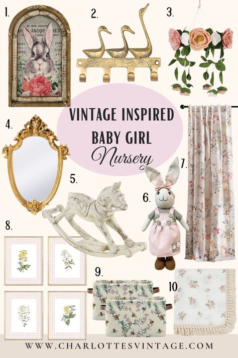 Decorate your baby girl's nursery with these vintage-inspired finds #sponsored | vintage bunny wall decor,  rocking horse, flower crib mobile, antique-style mirror, floral swaddle blanket, floral curtains, vintage all hooks, goose wall hooks, vintage bees flowers storage box, floral botanical art prints. Antique Nursery Decor Girl, Antique Themed Nursery, Vintage Rose Nursery, Garden Theme Nursery Girl, Vintage Inspired Nursery Girl, Vintage Bunny Nursery, Baby Girl Vintage Nursery, Cottagecore Nursery Girl, Vintage Girls Nursery