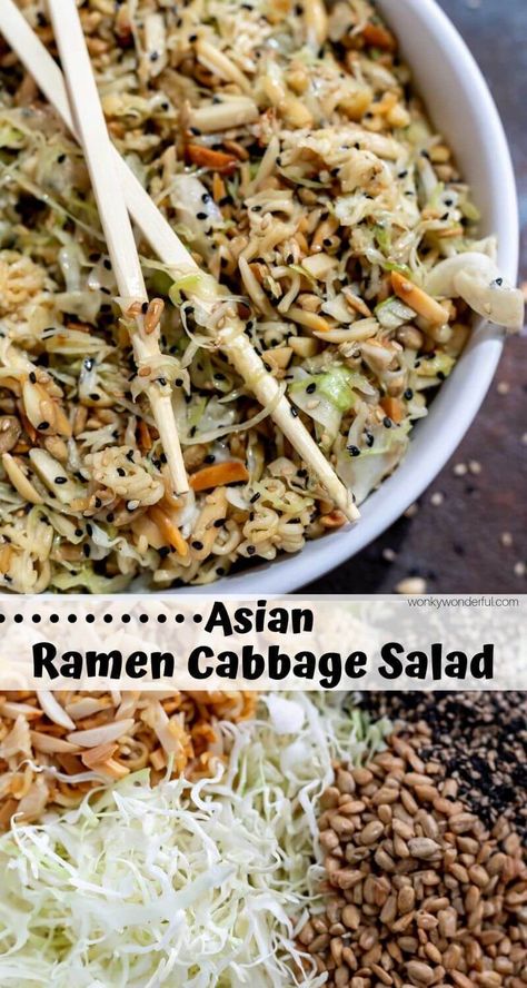 This Ramen Cabbage Salad Recipe may seem strange to anyone that is unfamiliar but if you've tried it you already know how strangely delicious it is. An Asian flavored cabbage coleslaw with nuts, seeds and crunchy ramen noodles. #asianslaw #coleslawrecipe #slawrecipe #ramencabbagesalad #ramencoleslaw #sidedishrecipes #coleslawrecipes Japanese Cabbage Salad Recipes, Crunchy Ramen Cabbage Salad, Japanese Cabbage Salad Dressing, Fresh Cabbage Salad, Japanese Coleslaw Recipe, Japanese Coleslaw, Ramen Coleslaw, Ramen Cabbage Salad, Japanese Cabbage Salad