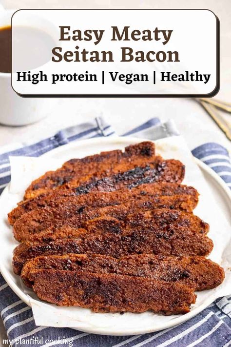 Incredibly smoky, savory and flavorful, this vegan seitan bacon will please even non-vegans! It is chewy and meaty, packed with protein and has all the flavors of traditional ones. Seiten Recipes, Seitan Bacon, Vegan Seitan, Vegan Meat Recipe, Vegan Meat Substitutes, Seitan Recipes, Breakfast Meat, Vegan Meat, Salt Pork