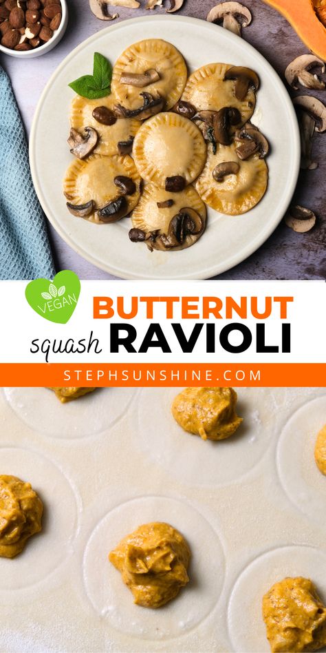 Top: vegan butternut squash ravioli on a plate; bottom: butternut squash ravioli filling placed in dollops on a sheet of rolled out ravioli pasta; text says, "vegan butternut squash ravioli." Sauces For Butternut Squash Ravioli, Vegan Ravioli Recipe, Pasta Butternut Squash, Butternut Squash Ravioli Sauce, Ravioli Recipe Homemade, Making Homemade Pasta, Ravioli Sauce, Vegan Ravioli, Butternut Squash Cinnamon